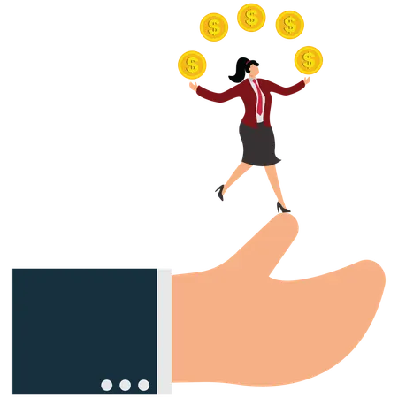 両手で金貨をジャグリングするビジネスウーマン  イラスト