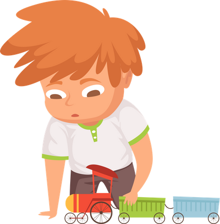 El bebé juega con el tren de juguete.  Ilustración