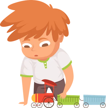El bebé juega con el tren de juguete.  Ilustración