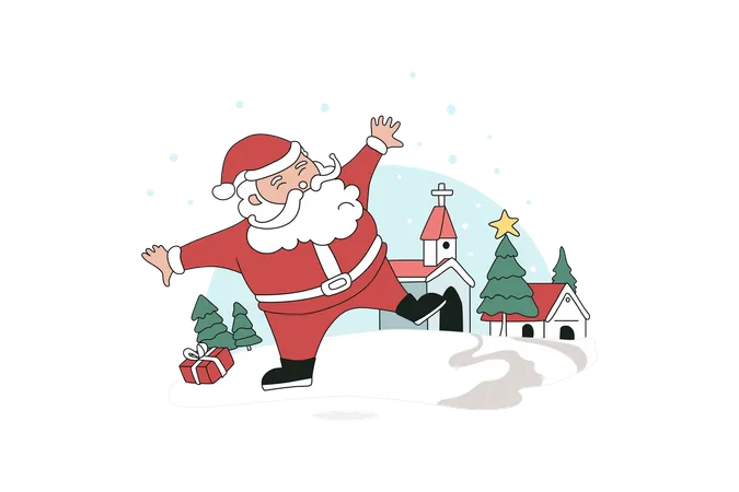 Juguetón Papá Noel en la nieve  Ilustración
