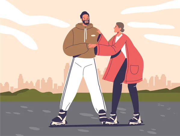 Juguetona pareja adulta masculina y femenina en patines  Ilustración