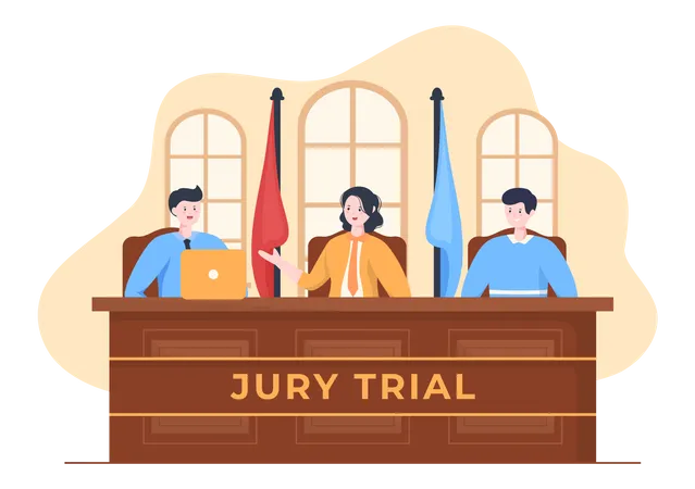 Sala Del Tribunal Con Abogado Juicio Por Jurado Testigo O Jueces Y El Martillo Del Juez De Madera En Una Ilustracion De Diseno De Dibujos Animados Planos Ilustración