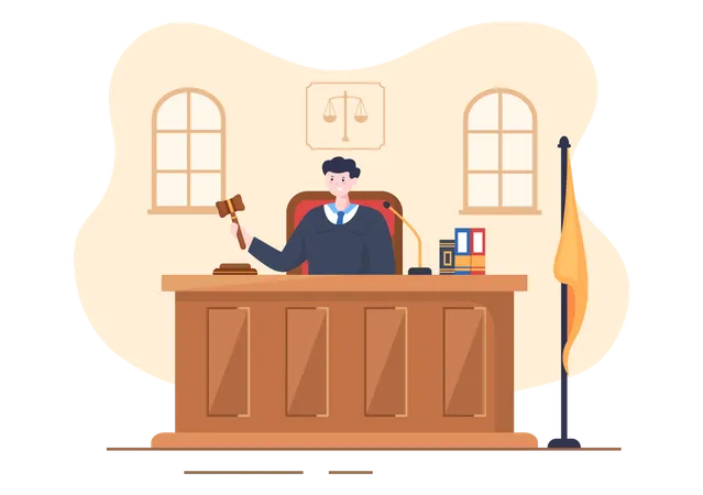Sala Do Tribunal Com Advogado Julgamento Do Juri Testemunha Ou Juizes E O Martelo Do Juiz De Madeira Em Ilustracao De Design De Desenho Animado Plano Ilustração