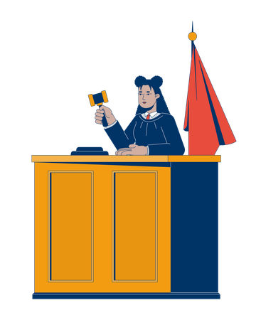 Juíza com martelo dando veredito na mesa do tribunal  Ilustração