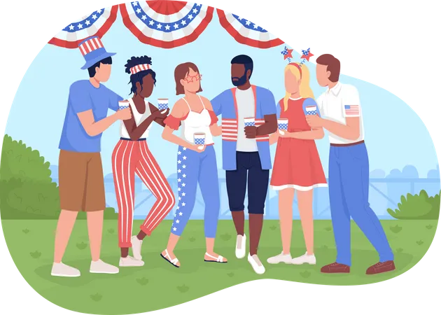 July Fourth Celebration Party 2 D Vector Isolated Illustration Happy Friends At Independence Day Flat Characters On Cartoon Background Holiday Colourful Scene For Mobile Website Presentation Illustration