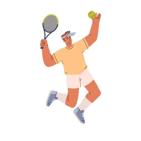 Jumping Young Man Pitching Tennis Ball Flat Style Vector Illustration Isolated Smiling Tennis Player Emotional Character Sport And Hobby Decorative Design Element Illustration