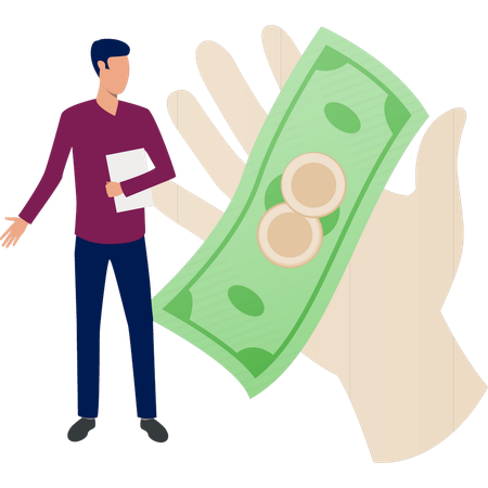 Junge analysiert mit Geld in der Hand  Illustration