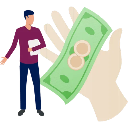 Junge analysiert mit Geld in der Hand  Illustration