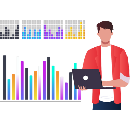 Junge arbeitet am Laptop an einem Balkendiagramm  Illustration