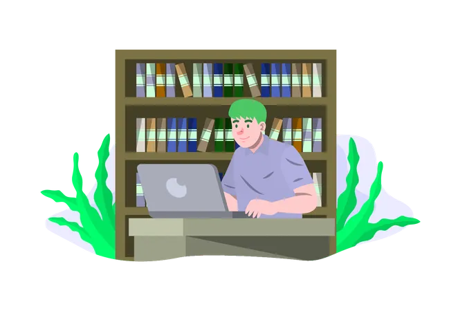 Junge arbeitet am Laptop in der Bibliothek  Illustration