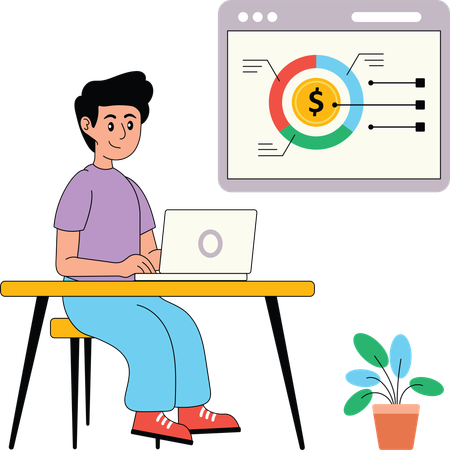 Junge arbeitet am Laptop während er Finanzanalysen durchführt  Illustration