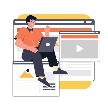 Junge arbeitet an einem Video mit Inhalten  Illustration