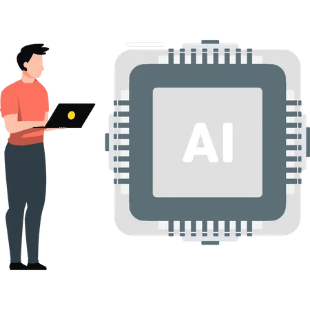 Junge arbeitet an KI-Chip auf Laptop  Illustration