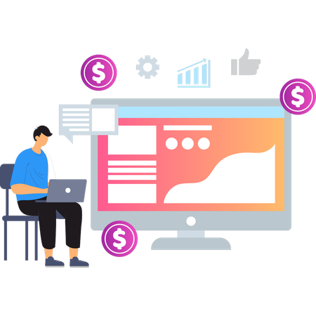 Junge arbeitet an seinem Laptop-Wachstum  Illustration