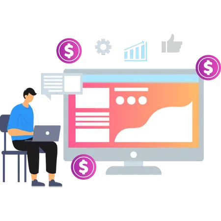 Junge arbeitet an seinem Laptop-Wachstum  Illustration