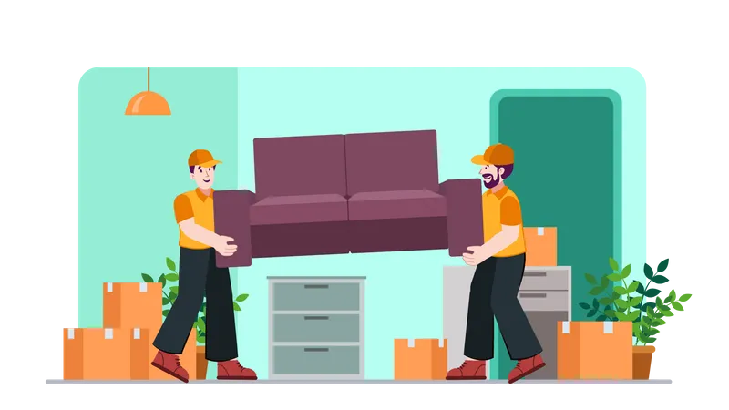 Junge Arbeitnehmer halten Couch für den Umzug nach Hause  Illustration