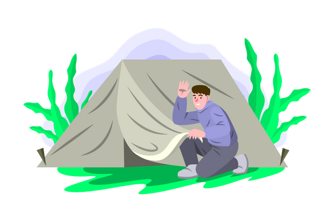 Junge baut Zelt zum Campen auf  Illustration