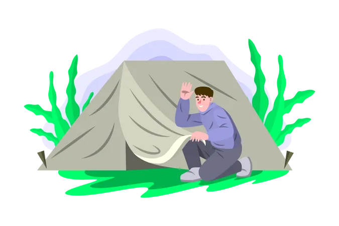 Junge baut Zelt zum Campen auf  Illustration