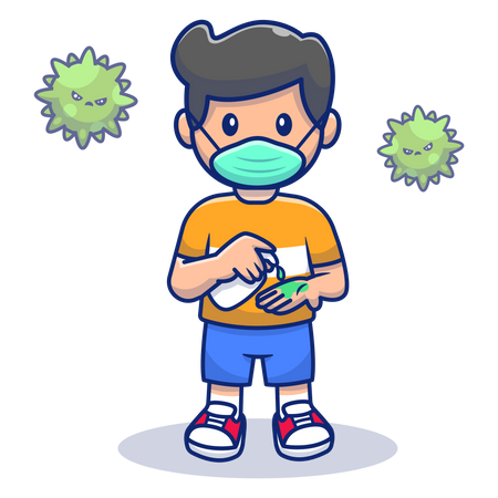 Junge benutzt während Covid-Ausbruch Händedesinfektionsmittel  Illustration