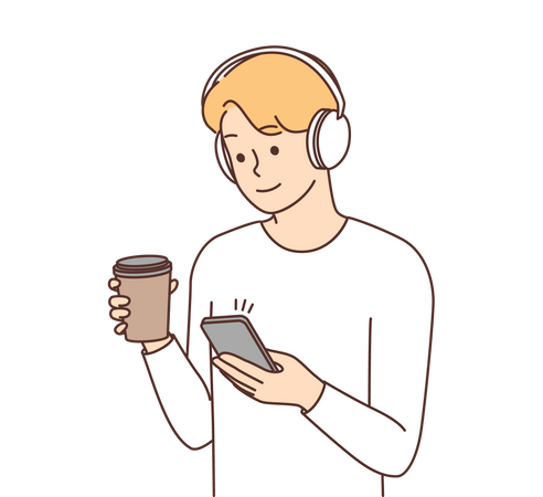 Junge benutzt Handy und hält Kaffee  Illustration