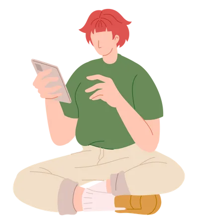 Junge benutzt Handy, während er auf dem Boden sitzt  Illustration
