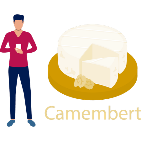 Junge benutzt Handy, während er in der Nähe von Camembert steht  Illustration