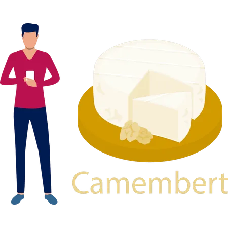 Junge benutzt Handy, während er in der Nähe von Camembert steht  Illustration