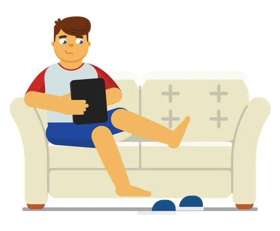 Junge sitzt auf der Couch und benutzt Tablet  Illustration