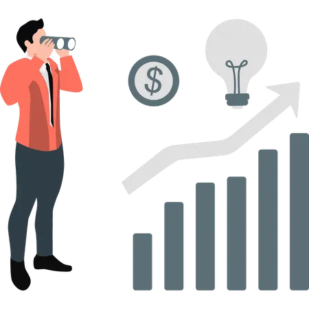 Junge schaut sich Wachstum der Grafik durch Fernglas an  Illustration