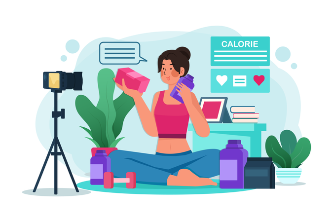Junge Bloggerin oder Vloggerin und Online-Influencerin, die Videoinhalte zum Thema gesunde Ernährung aufzeichnet  Illustration