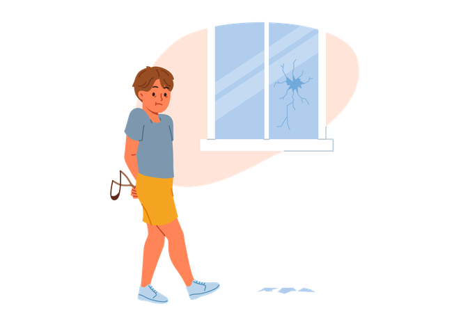 Junge zerschlägt Fenster mit Steinschleuder  Illustration