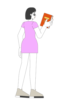 Junge Chinesin hält Buch und schaut weg  Illustration