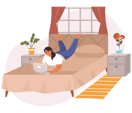 Junge Dame arbeitet am Laptop, während sie auf dem Bett liegt  Illustration