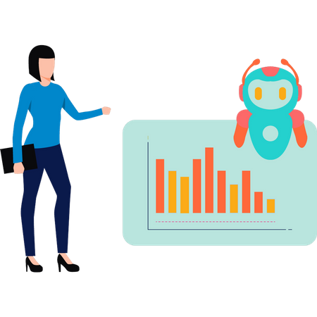 Junge Dame betrachtet Roboterdiagramm  Illustration