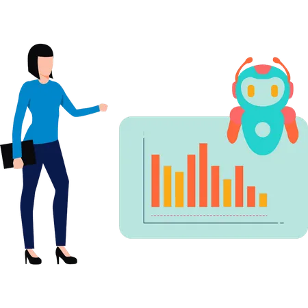 Junge Dame betrachtet Roboterdiagramm  Illustration