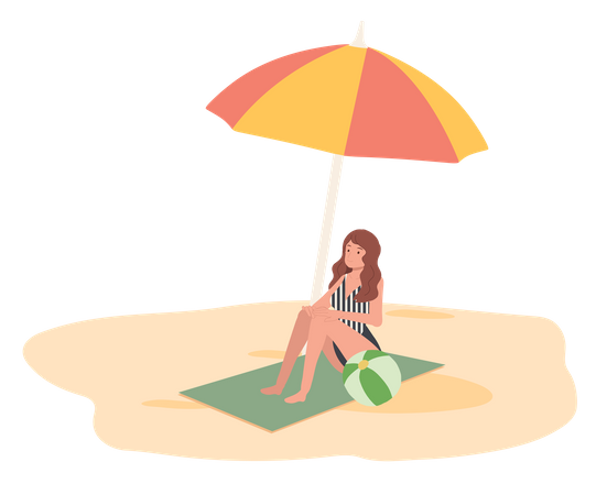 Junge Dame entspannt sich am Strand, sitzt auf einer Matte unter einem Sonnenschirm  Illustration