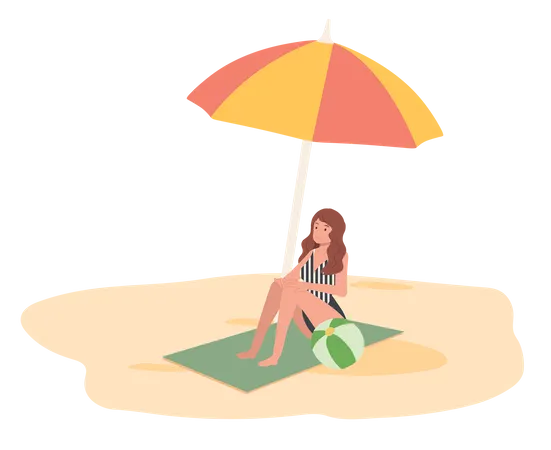 Junge Dame entspannt sich am Strand, sitzt auf einer Matte unter einem Sonnenschirm  Illustration