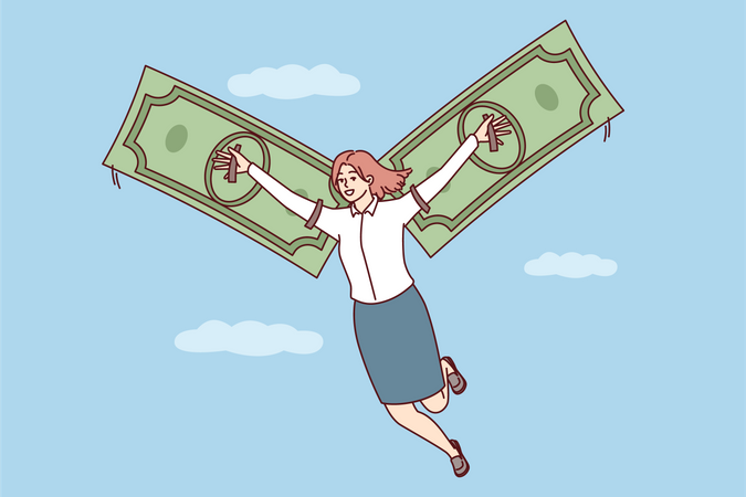 Junge Dame fliegt mit Dollarnote  Illustration