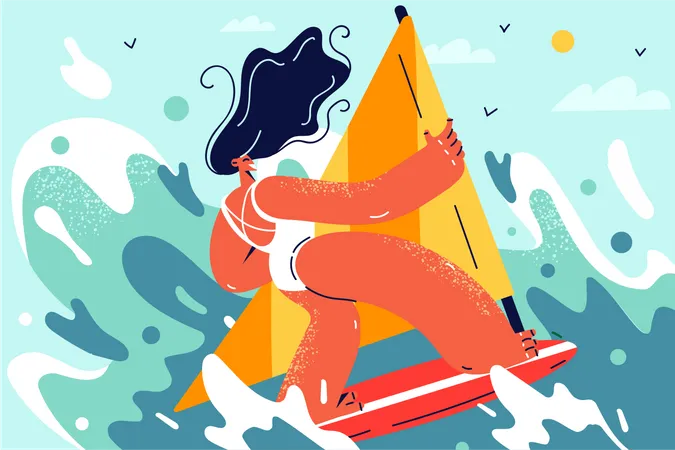 Junge Dame genießt Surfen  Illustration