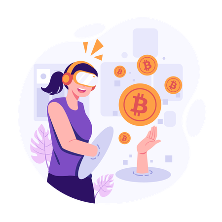 Junge Dame investiert Bitcoin in Metaverse  Illustration