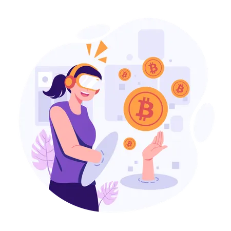 Junge Dame investiert Bitcoin in Metaverse  Illustration