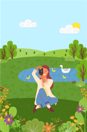 Junge Dame klirrt mit Foto im Garten  Illustration