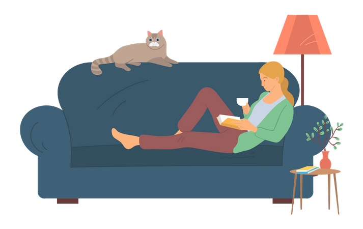 Junge Dame liest Buch und trinkt Tee auf dem Sofa  Illustration