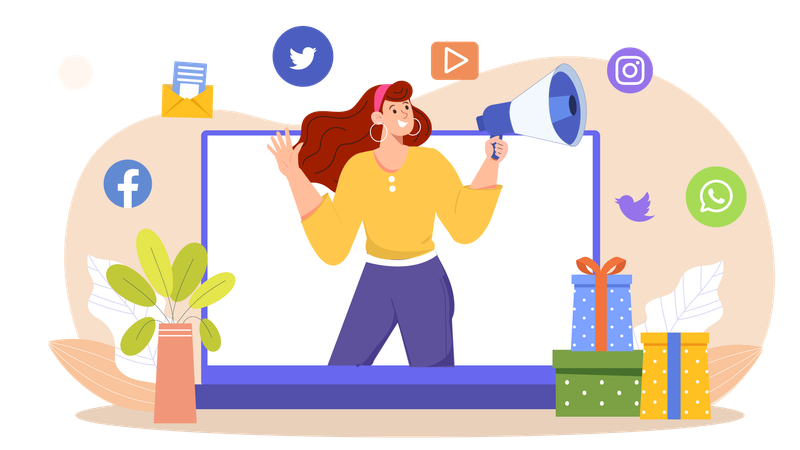 Junge Dame macht Online-Social-Media-Marketing  Illustration