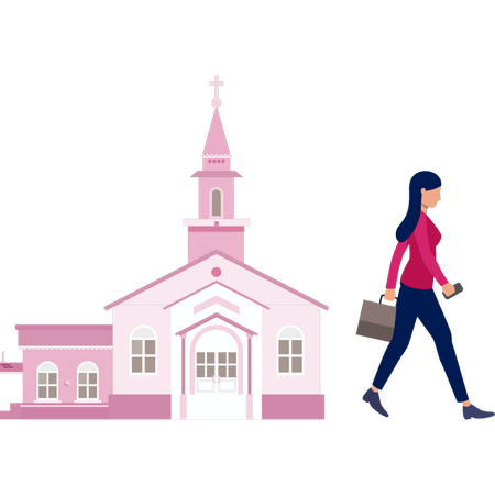 Junge Dame mit Tasche zu Fuß in der Nähe der Kirche  Illustration