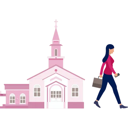 Junge Dame mit Tasche zu Fuß in der Nähe der Kirche  Illustration