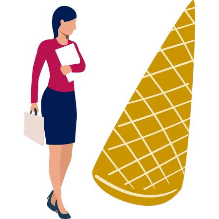 Junge Dame mit Tasche auf der Suche nach Würfelkäse  Illustration