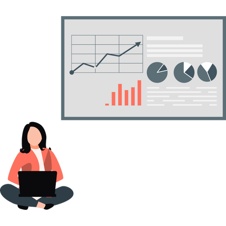 Junge Dame sieht Statistik-Investitionsdiagramm  Illustration