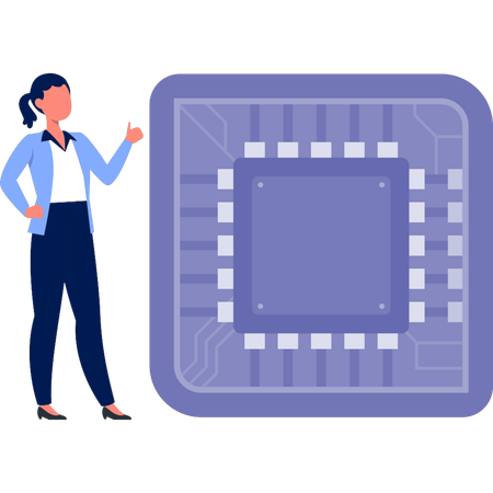 Junge Dame spricht über Prozessorchip  Illustration