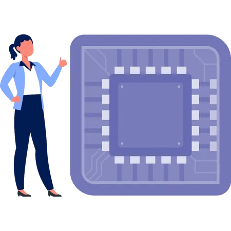 Junge Dame spricht über Prozessorchip  Illustration